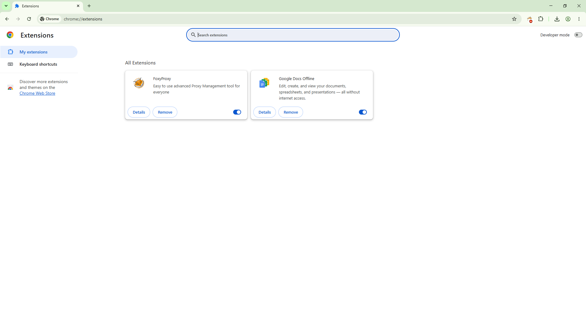 Chrome extensions page